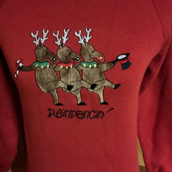 Vtg 80s Reindancing embroidered Holiday Sweatshirt - Picture 4 of 11